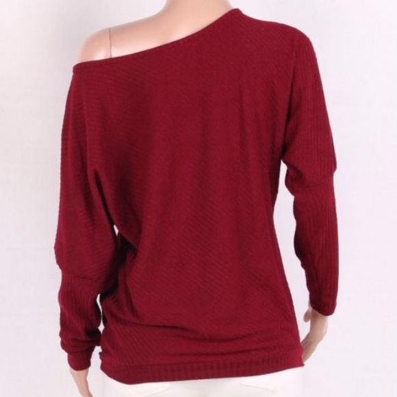 RESTOCK!BURGUNDY OFF SHOULDER LOOSE- SWEATER TOP - Picture 4 of 5